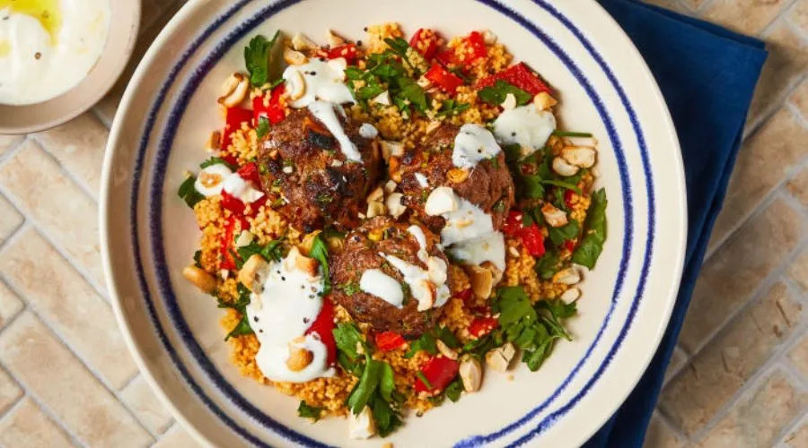 Harissa Beef Meatballs With Roasted Pepper Couscous 