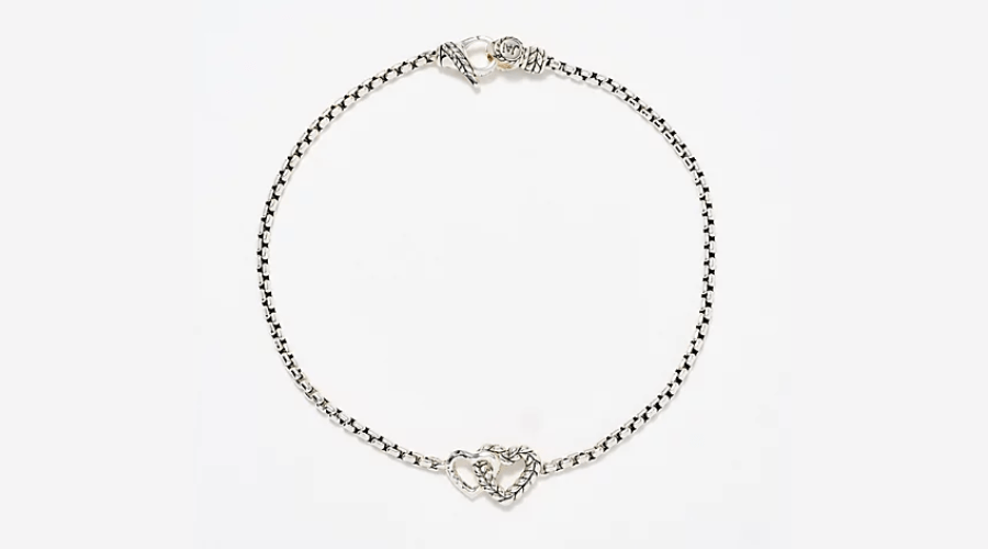 Jai Sterling Silver Double Heart Box Chain Ankle Bracelet