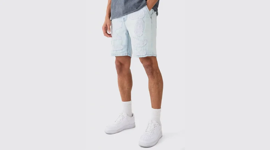 Slim Rigid Repaired Denim Shorts in Light Blue