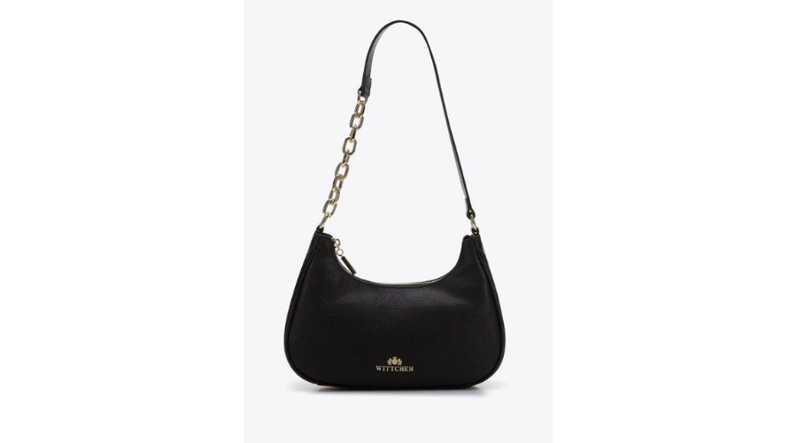 Black Coloured leather baguette bag with a chain | Feedhour