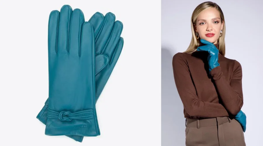 Dark Turquoise Women’s leather gloves with a knot
