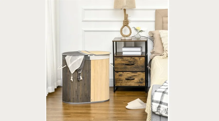 HOMCOM Bamboo Laundry Basket with 2 Removable Compartment and Hinged Lid 