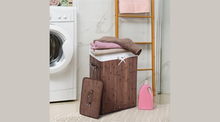 HOMCOM Foldable with Lid Bamboo Basket For Dirty Clothes