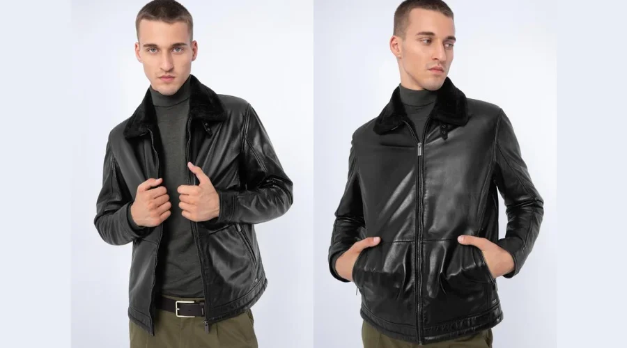 Men's black leather pilot jacket lined with artificial fur