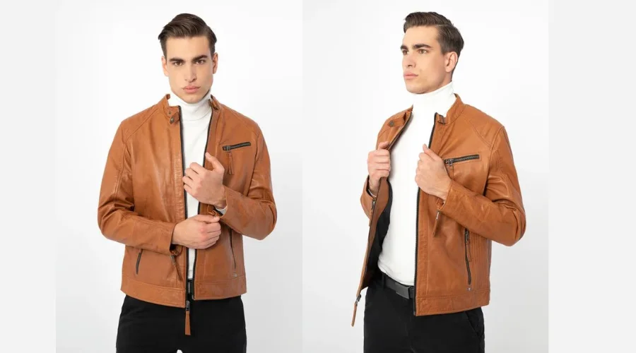 Men's brown leather jacket with a stand-up collar