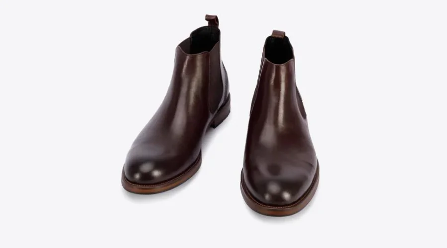 Men's burgundy leather ankle boots with a brown sole