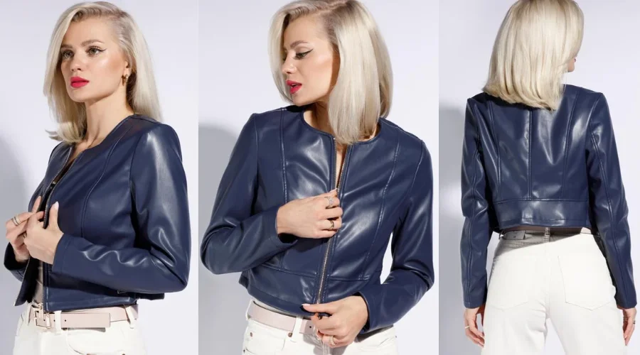 Women's Short Eco-Leather Jacket, Navy Blue