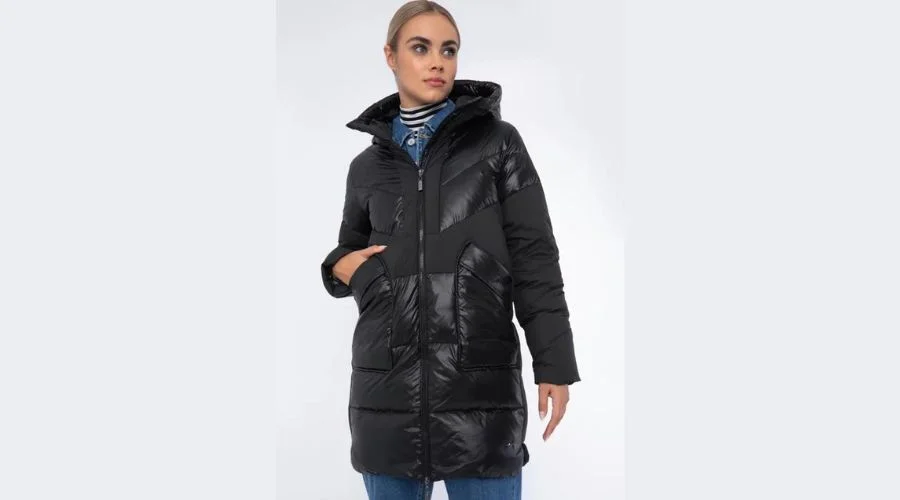 Women's down coat with a hood, black