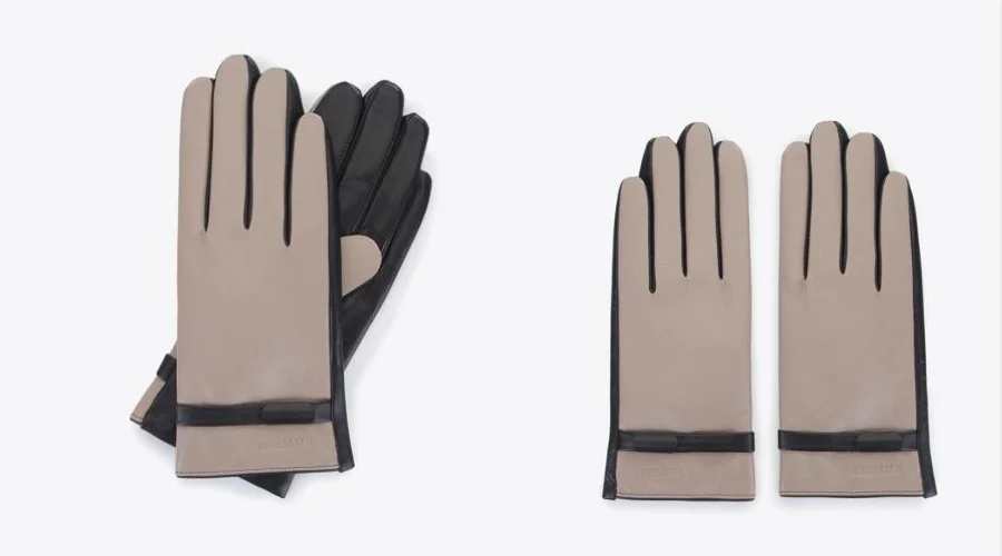 Women’s leather gloves with beige and black color strap