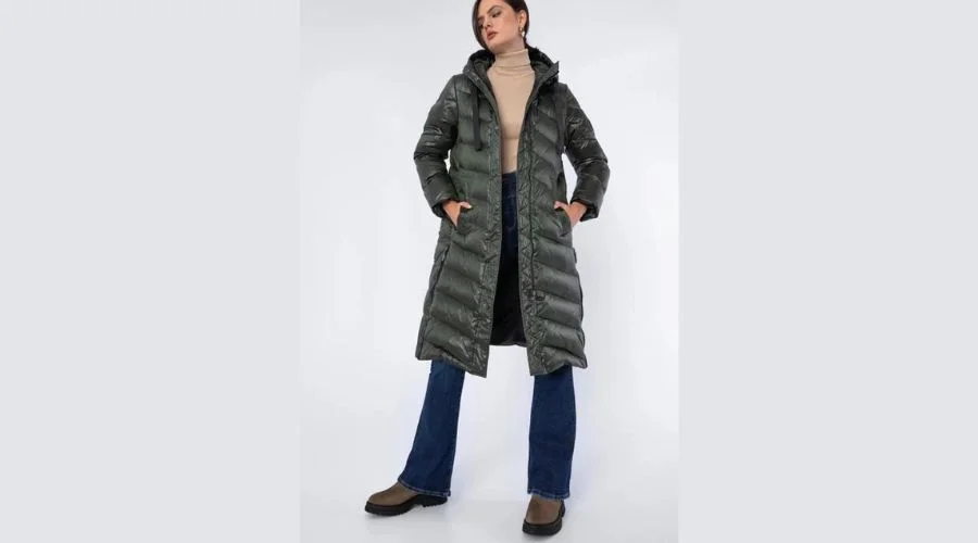 Women's long green and black quilted nylon coat