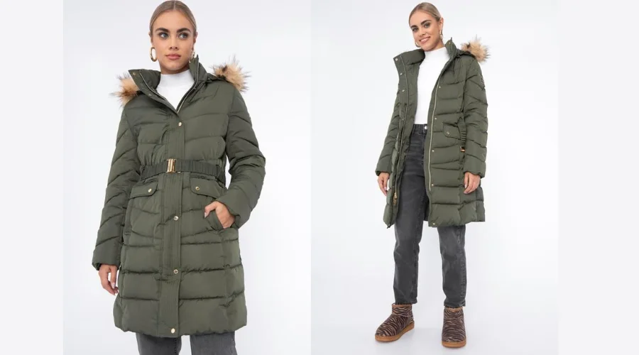 Women's quilted coat with a green belt
