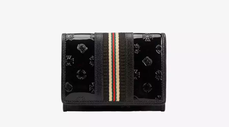 Women's patent leather wallet with monogram and ribbon