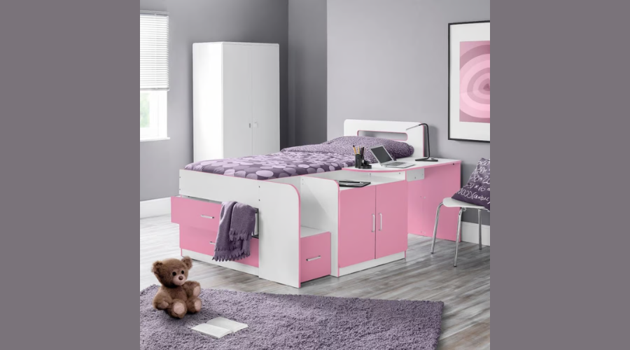 3 ft Single Cookie Pink and White Wooden Cabin Bed Frame | Feedhour