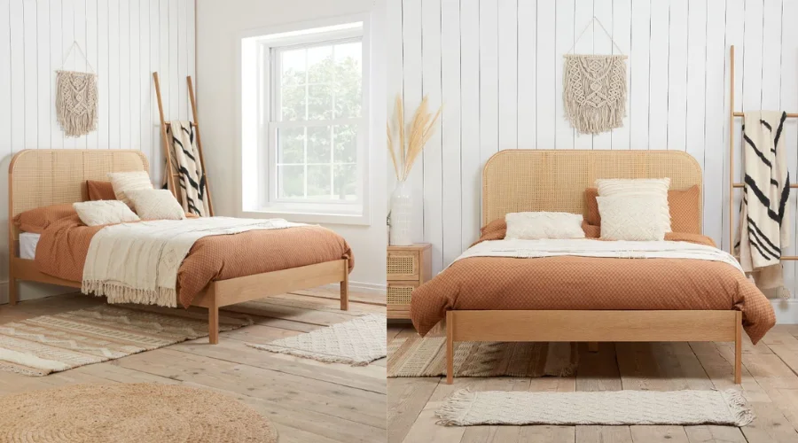 Margot Rattan Oak Wooden Bed Frame in a light colour