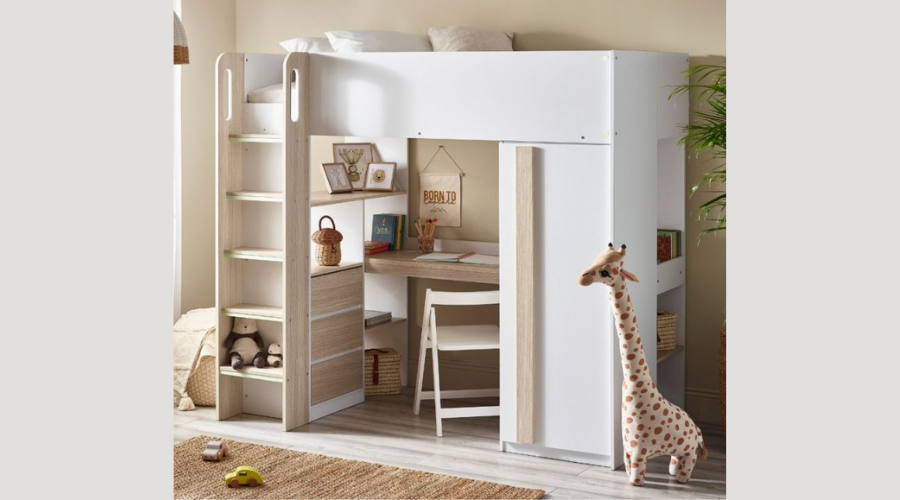 Ocean Pale Wood & White Wooden High sleeper bed