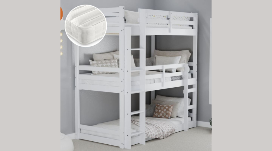 Tressa White Triple Bunk Bed with 3 Ethan Mattresses Included- 3FT Single