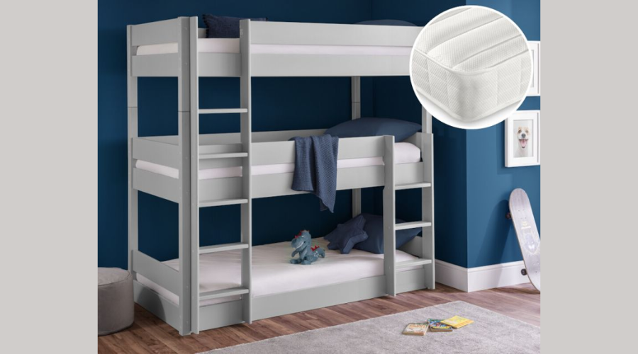 Trio Dove Grey Triple Bunk Bed with 3 Ethan Mattresses included - 3Ft Single 