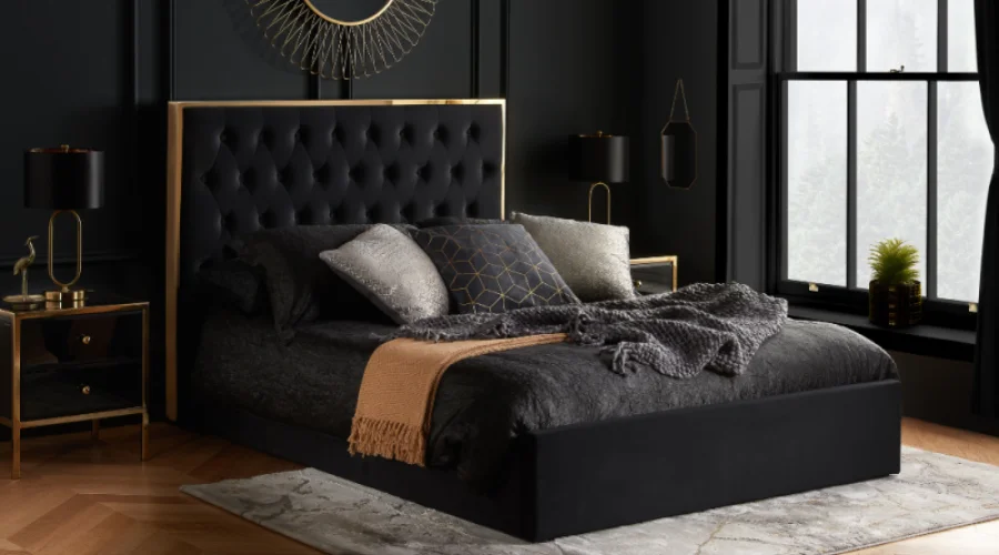 Walton Black and Gold Velvet Ottoman Bed