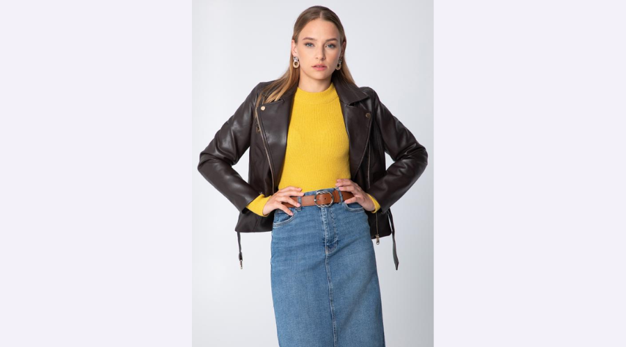 Women's Biker Jacket Made Of Eco-Leather With A Small Pocket And A Dark Brown Belt