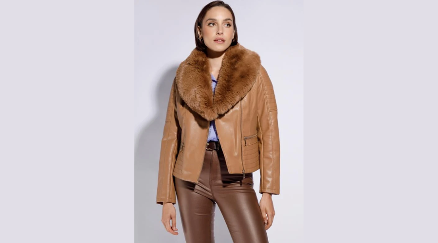 Women's Biker Jacket With Fur Collar, Brown