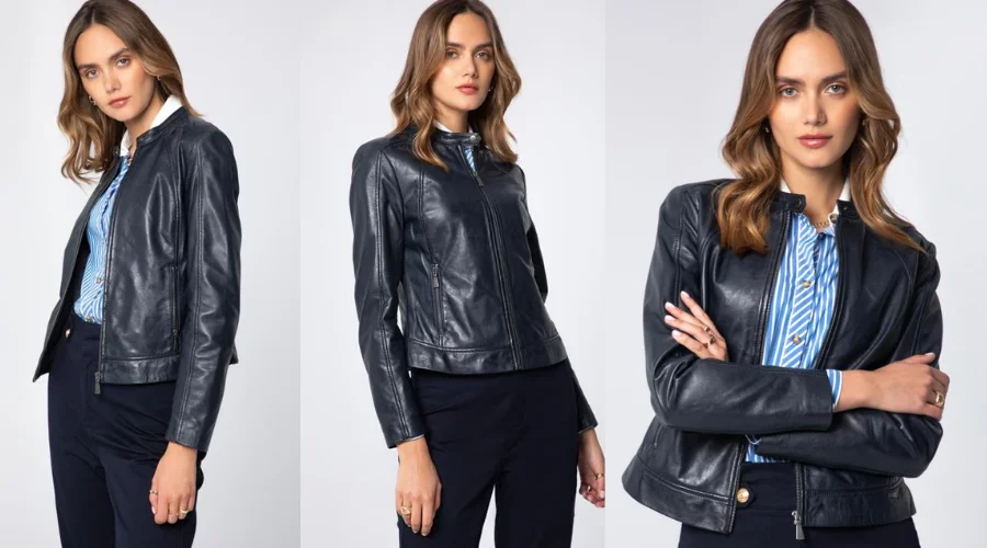 Women's Classic Leather Jacket With a Stand-Up Collar