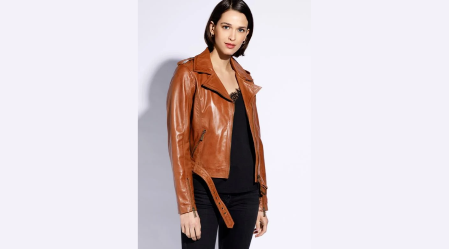 Women's Leather Motorcycle Jacket With Shoulder Straps And A Brown Belt