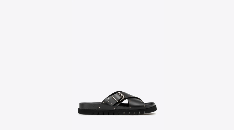 Women's leather flip-flops with cross straps and small studs | Feedhour