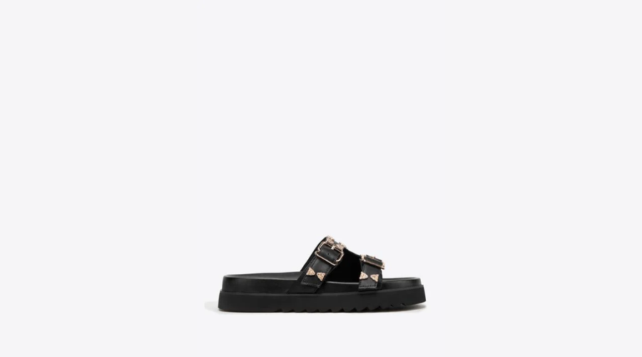 Women's leather flip-flops with decorative rivets on the platform | Feedhour