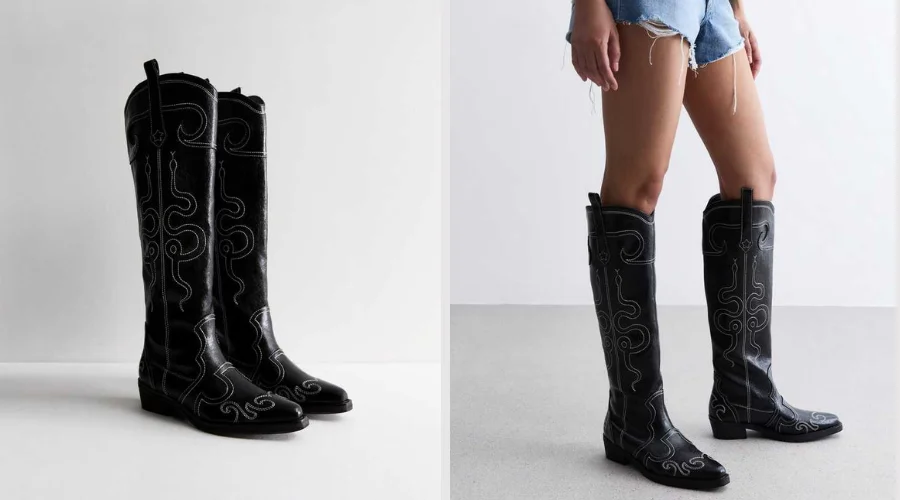 Black Leather-Look Knee High Cowboy Boots