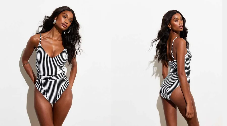 Black Striped Ribbed Belted Swimsuit