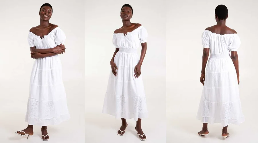 Blue Vanilla White Embroidered Bardot Maxi Dress