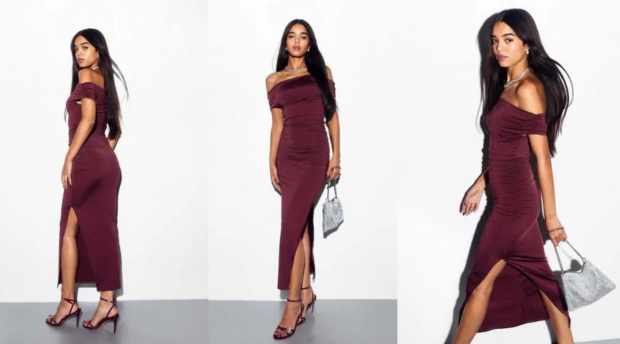 Burgundy Bardot Off-Shoulder Midi Dress