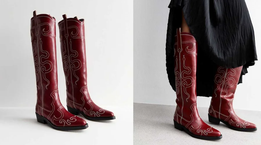 Burgundy Knee High Cowboy Boots