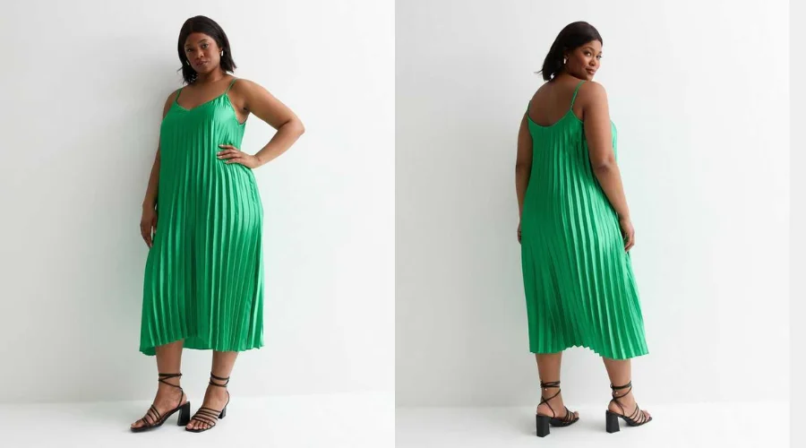 Curves Green Satin Pleated Strappy Midi Dress