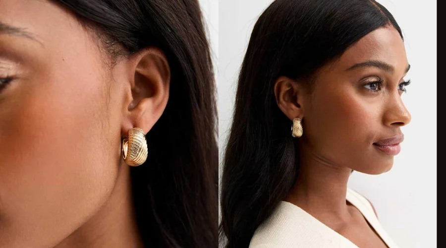 Gold Ribbed Crosshatch Mini Hoop Earrings