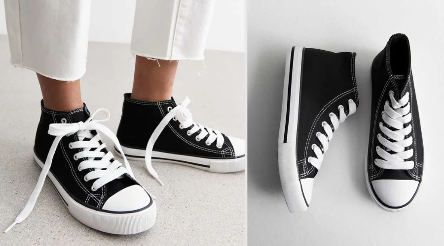 High Top Lace Up Wide Fit Canvas Trainers Black Colour