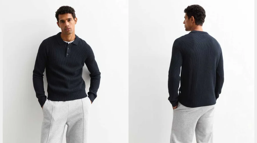 Jack & Jones Navy Rib Knit Long Sleeve Polo Shirt
