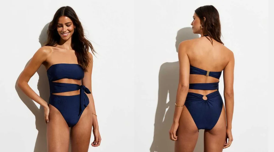 Navy Bandeau Cutout Side-Tie Swimsuit