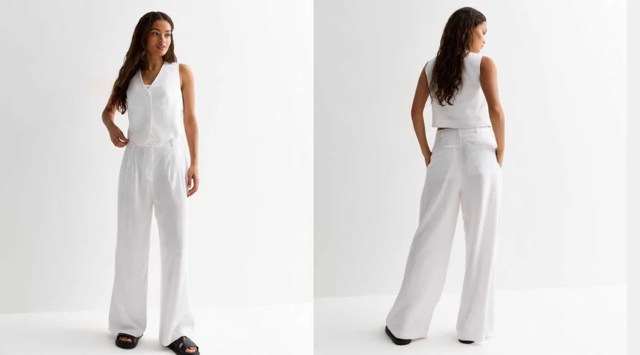 Petite White Linen Blend Wide Leg Trousers
