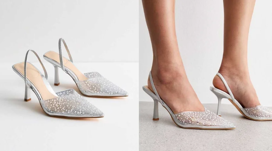Truffle Silver Clear Diamante Slingback Heel Sandals