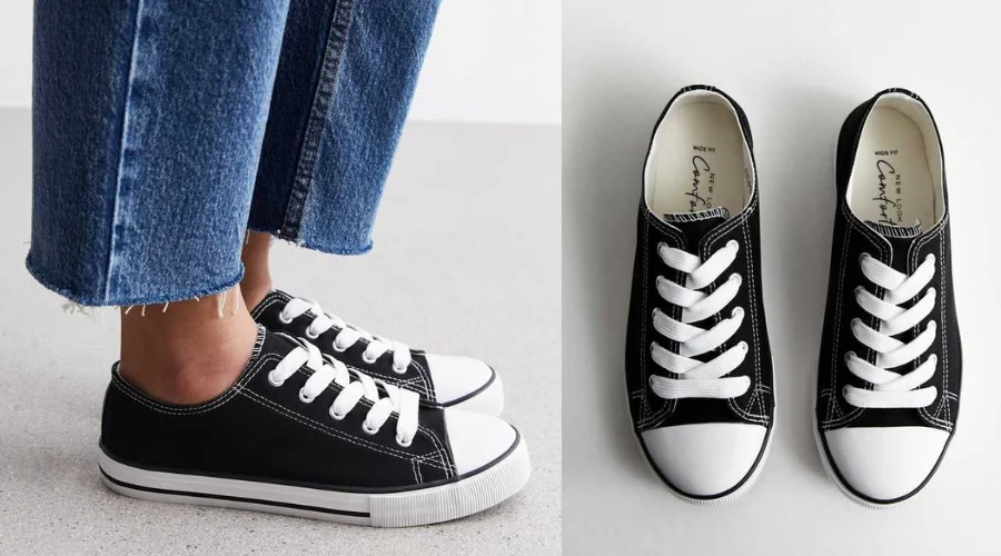 Wide Fit Black Canvas Lace Up Trainers