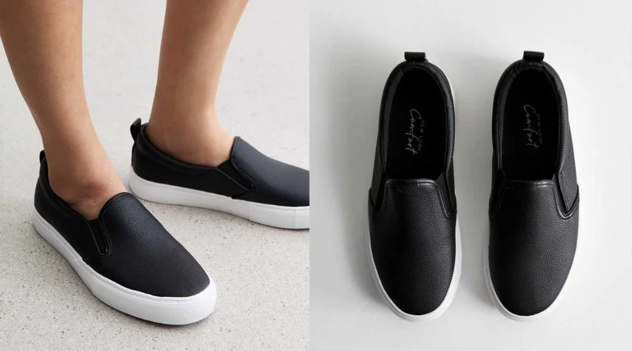 Wide Fit Black Leather-Look Slip On Plimsole Trainers