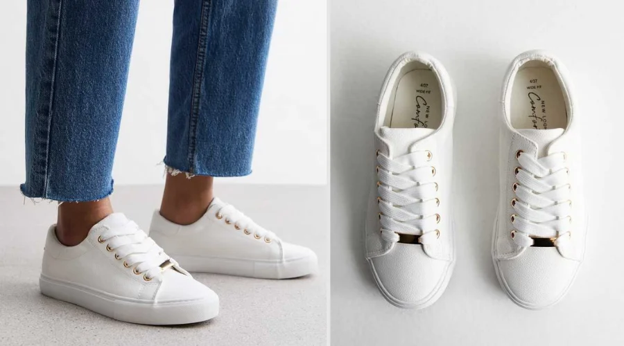 Wide Fit White Leather-Look Lace Up Trainers