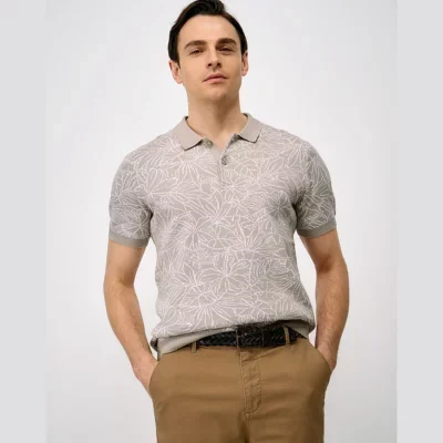Knitted Cotton Jacquard Polo Shirt in Stone & White (1)